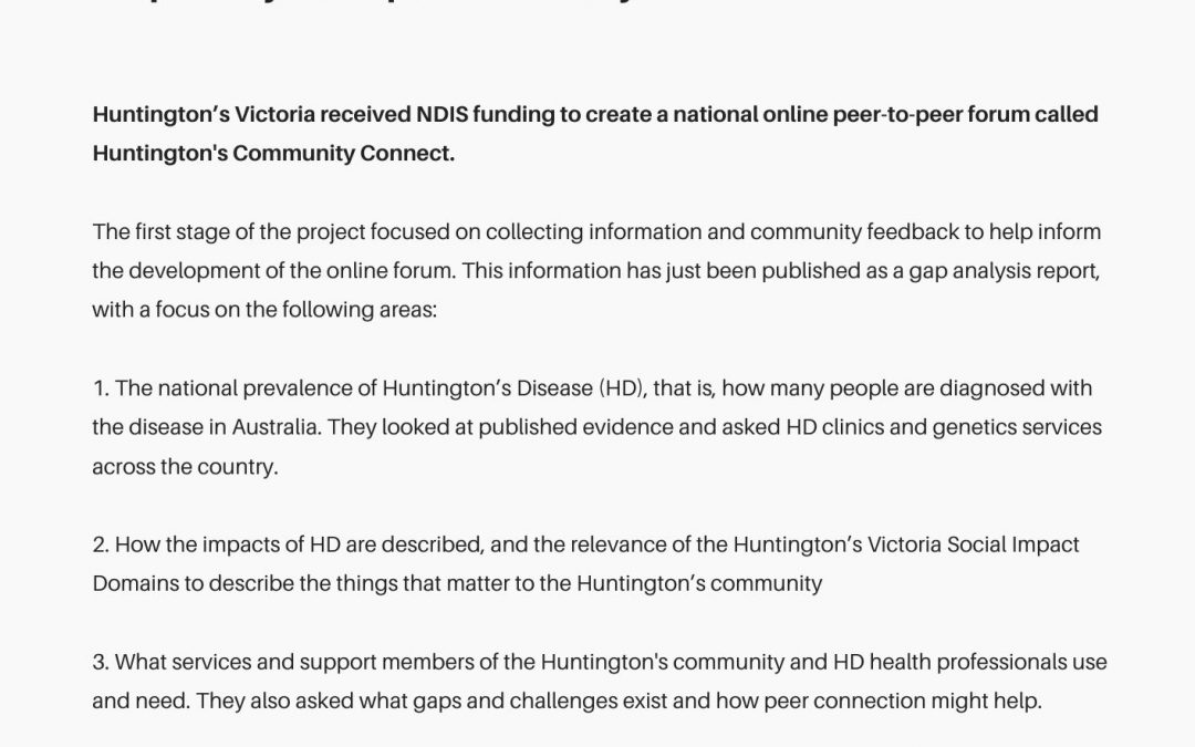 Huntington’s Community Connect: Gap analysis report published